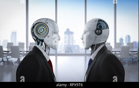 Technology confrontation concept with 3d rendering robotic businessman confront in office Stock Photo