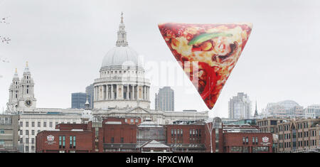 To celebrate the introduction of a new range of 650kcal Delight pizzas to its menu, Domino’s is floating giant, inflatable Slices of Delight around London today to help lift the January blues. 1,000 people who spot and share a picture on Twitter using the #SliceOfDelight hashtag will be rewarded with a free Delight pizza. Pizza lovers up across the country can retweet the snap from @Dominos UK to be included in the 1,000 lucky winners.  Featuring: Atmosphere Where: London, United Kingdom When: 16 Jan 2019 Credit: Joe Pepler/PinPep/WENN.com Stock Photo