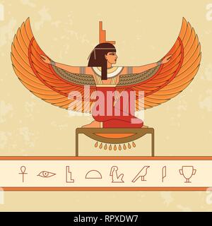 The Egyptian goddess Isis and set of Egypt hieroglyphs. Animation portrait of the beautiful Egyptian woman. Vector illustration isolated on background Stock Vector