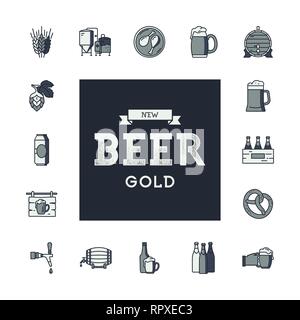 Set of brewing icons in retro style isolated on white background. Logo for pub, bar, craft beer brewery. Vector icon set on theme beer and beer brewin Stock Vector