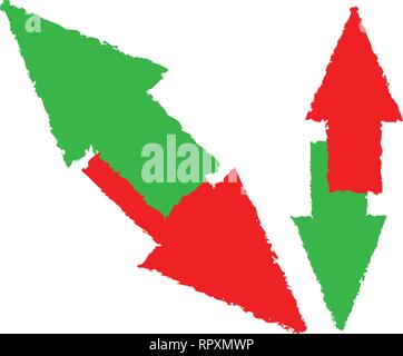 Grungy red, green up and down arrow. Diagonal version Stock Vector