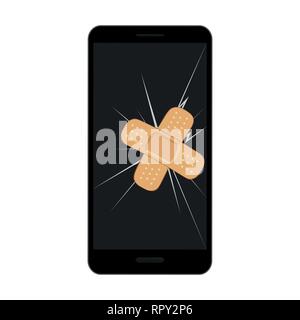 broken mobile phone display with crack and sticking plaster vector illustration EPS10 Stock Vector