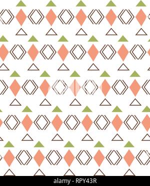 geometric pattern with rhombus and linear elements, black and coral on white background Stock Vector