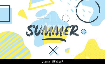 Memphis style summer banner template with text. Vector illustration. Geometric and abstract liquid shapes. Hello summer text. Horizontal composition. Stock Vector