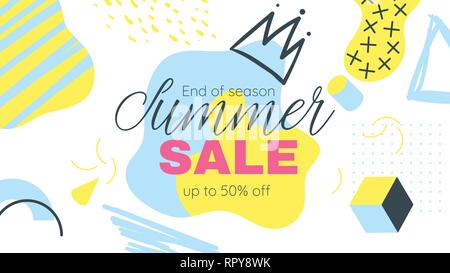 Memphis style summer sale banner template with text. Vector illustration. Geometric and abstract liquid shapes. Horizontal composition. Stock Vector