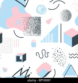 Memphis style seamless pattern with geometrical and liquid abstract shapes. Vector illustration. Stock Vector