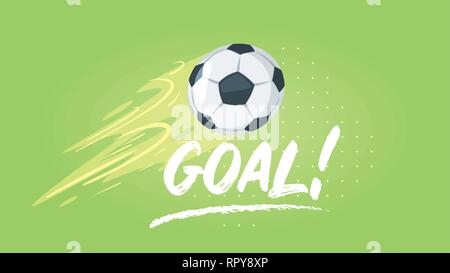 Soccer tournament design banner or template with leather ball in motion flying over the green background. Vector illustration. Horizontal composition. Stock Vector