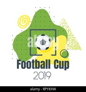 Soccer championship design element or card. Football banner template with leather game ball and Memphis abstract elements. Vector illustration. Stock Vector