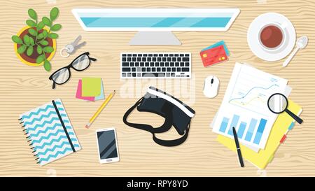 Business workplace. Overhead top view. Vector illustration. Office stationery and various things around. Wooden background. Stock Vector
