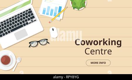 Business workplace. Overhead top view. Vector illustration. Office stationery and various things around. Stock Vector