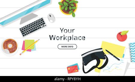 Business workplace. Overhead top view. Vector illustration. Office stationery and various things around. White background. Stock Vector