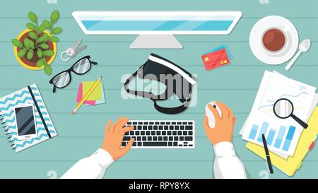 Business workplace. Businessman hands. Overhead top view. Vector illustration. Office stationery and various things around. Stock Vector