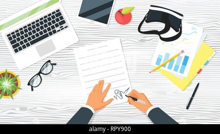 Business workplace. Businessman hands. Overhead top view. Vector illustration. Office stationery and various things around. White wooden background. Stock Vector