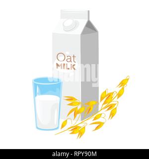 Vegetarian paper pack of oat milk with glass and brunch of cereal. Vector illustration isolated on white background. Stock Vector