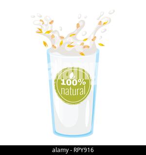 Vegetarian glass of milk with splash. Vector illustration isolated on white background. Vegan organic healthy beverage with oat seeds. Stock Vector