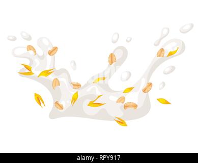 Vegetarian milk splash with oat seeds. Vector illustration isolated on white background. Vegan organic healthy beverage. Stock Vector