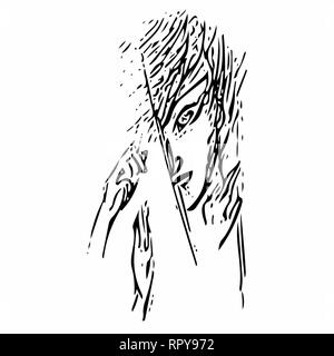 drawn in vector abstract black and white face looking into the gap. Anime Stock Vector