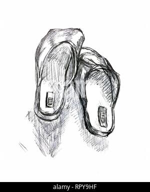 drawn in pencil black and white pattern Slippers are on the floor. The picture is drawn with a pencil. Stock Vector