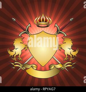 Coat of Arms with Golden shield, ribbon, swords and unicorns. Vector illustration. Stock Vector