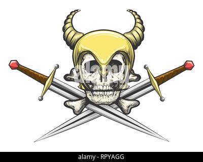 Skull in Horned helmet of Viking with the crossed swords. Vector illustration. Stock Vector