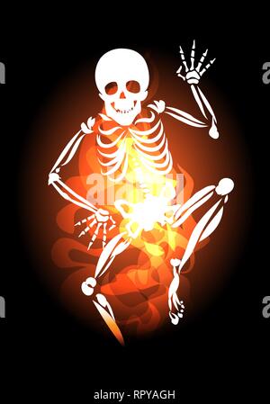 Human Skeleton with waving hand Jumps Out of Hell Fire. Vector illustration Stock Vector