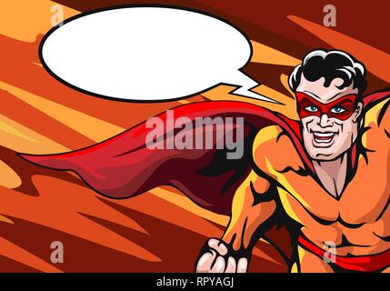 Super Hero in cap with empty speech bubble drawn in comic book style. Vector illustartion. Stock Vector