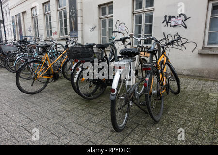 Large group of bicycles parked on cobblestones. Oldenburg. Lower Saxony. Germany. Stock Photo