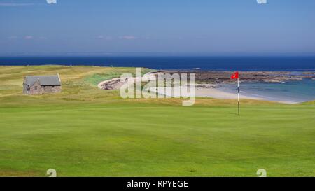 Balcomie Sands Beach and Crail Golf Society on a Sunny Summers Day, Craighead, Fife, Scotland, UK. Stock Photo