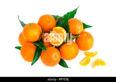 Bunch of fresh tangerines with leaves isolated on white background. Studio Photo Stock Photo