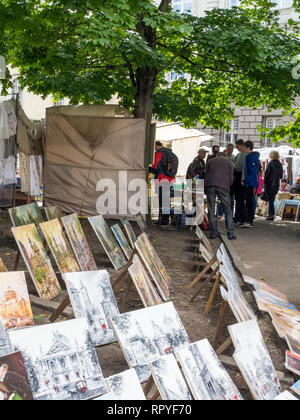 The souvenir market on Vicheva Square in the old town of Lviv, in Ukraine. Stock Photo
