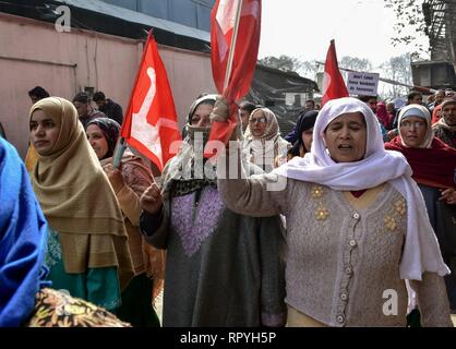 Srinagar, Kashmir. 23rd Feb, 2019. Female supporters of National Conference (NC), a mainstream political party are seen holding flags during the protest in Srinagar.The National Conference (NC) organised a protest march in Srinagar against the attacks on Kashmiri's in Jammu and other parts of the country after at least 40 Central Reserve Police Force (CRPF) personnel were killed on Feb 14. Credit: Saqib Majeed/SOPA Images/ZUMA Wire/Alamy Live News Credit: ZUMA Press, Inc./Alamy Live News Stock Photo