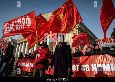 Moscow, Russia. 23 February, 2019: Participants in a march held by the Russian Communist Party in central Moscow to mark the 101st anniversary of establishment of the Red Army and the Navy on Defender of the Fatherland Day Credit: Nikolay Vinokurov/Alamy Live News