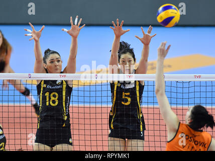 Istanbul, Turkey. 23rd Feb, 2019. Zhu Ting (C) and Zehra Gunes (L) of VakifBank competes during the Turkish Women's Volleyball League match between VakifBank and Eczacibasi in Istanbul, Turkey, Feb. 23, 2019. VakifBank won 3-0. Credit: Xu Suhui/Xinhua/Alamy Live News Stock Photo