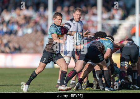 Twickenham, London, UK. 23rd Feb, 2019. Charlie Mulchrone of Harlequins in action during Gallagher Premiership match between Harlequins and Bristol Bears at Twickenham Stoop on Saturday, 23 February 2019. LONDON ENGLAND. (Editorial use only, license required for commercial use. No use in betting, games or a single club/league/player publications.) Credit: Taka G Wu/Alamy News Credit: Taka Wu/Alamy Live News Stock Photo