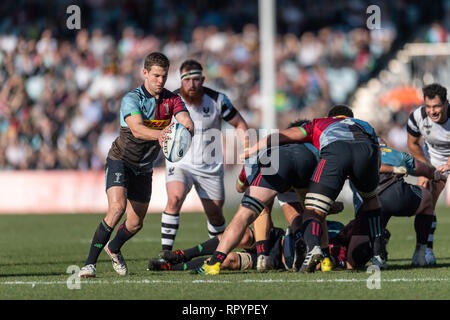 Twickenham, London, UK. 23rd Feb, 2019. Charlie Mulchrone of Harlequins in action during Gallagher Premiership match between Harlequins and Bristol Bears at Twickenham Stoop on Saturday, 23 February 2019. LONDON ENGLAND. (Editorial use only, license required for commercial use. No use in betting, games or a single club/league/player publications.) Credit: Taka G Wu/Alamy News Credit: Taka Wu/Alamy Live News Stock Photo