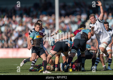 Twickenham, London, UK. 23rd Feb, 2019. Charlie Mulchrone of Harlequins in action during Gallagher Premiership match between Harlequins and Bristol Bears at Twickenham Stoop on Saturday, 23 February 2019. LONDON ENGLAND. (Editorial use only, license required for commercial use. No use in betting, games or a single club/league/player publications.) Credit: Taka G Wu/Alamy News Credit: Taka Wu/Alamy Live News Stock Photo