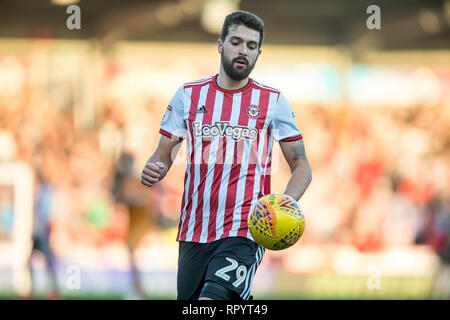 London, UK. 23rd Feb, 2019. Yoann Barbet of Brentford during the EFL Sky Bet Championship match between Brentford and Hull City at Griffin Park, London, England on 23 February 2019. Photo by Salvio Calabrese. Editorial use only, license required for commercial use. No use in betting, games or a single club/league/player publications. Credit: UK Sports Pics Ltd/Alamy Live News Stock Photo