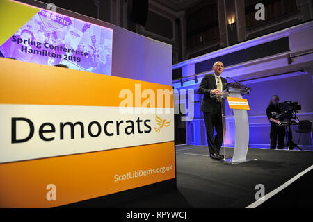Hamilton, Scotland, UK. 23rd Feb, 2019. Vince Cable - Leader of the Liberal Democrat Party delivers his keynote speech on Brexit, Business and issues around Independence at the Scottish Liberal Democrat Party Spring Conference. Credit: Colin Fisher/Alamy Live News Stock Photo
