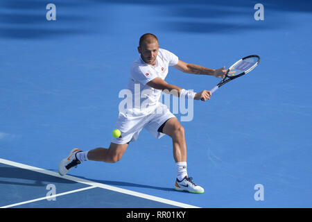 February 23, 2019 - Delray evans Beach, Florida, United States - February, 23 - DELRAY EVANS Beach: Daniel Evans(GBR) and John Isner(USA) split sets at the 2019 DELRAY EVANS Beach Open by Vitacost.com in DELRAY EVANS Beach, FL. Credit: Andrew Patron/ZUMA Wire/Alamy Live News Stock Photo