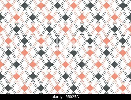 geometric pattern with rhombus and linear elements, black and coral Stock Vector