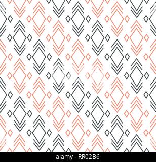 geometric pattern with rhombus and linear elements, black and coral Stock Vector