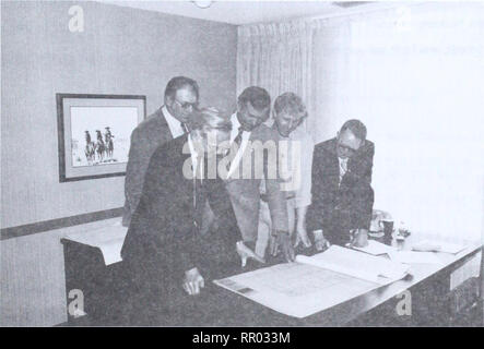 . Agri-news. Agriculture. June 3, 1985 For immediate release Contract signed for construction of second phase of 4-H Centre. Left to right: Ed Ness, chairman, 4-H Foundation of Alberta; Harold Anderson, Vice chairman; Bob Boulton, president, 4-H Council; Find/ay Johannson ofJ-5 Enterprises; and AlIan Shen field, Foundation director. On May 3, 1985, the 4-H Foundation of Alberta signed a $160,000 contract with J-5 Enterprises of Red Deer to start construction of the dormitory facility at the 4-H Centre at Battle Lake. This building will eventually replace the tents and ATCO trailers presently b Stock Photo