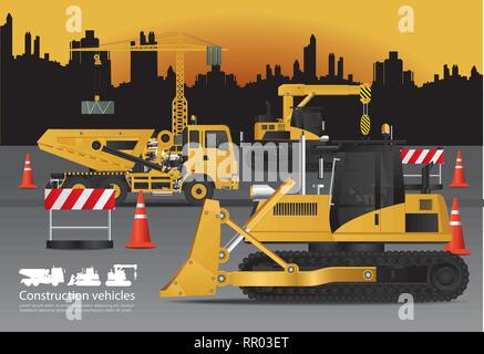 Construction Vehicles Set with Building Background Vector Illustration Stock Vector