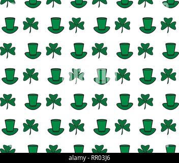 Vector Illustration of a St. Patrick Day Background. Seamless pattern with clover leaves and hat Stock Vector