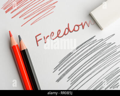 Pencils and hand written "Freedom" Stock Photo