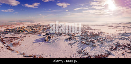 panoramic view of the snow-covered district of Meden Rudnik, shot with a drone,Burgas,Bulgaria Stock Photo