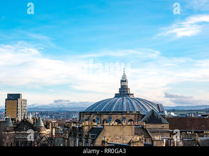 View over rooftops and chimneys, McEwan Hall dome roof, Edinburgh city centre, Scotland, UK Stock Photo