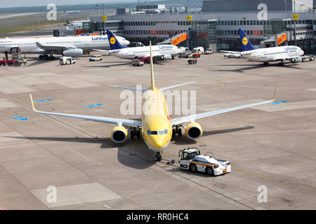 The Boeing 737-800 of German airline TUIfly part of the largest travel company TUI before takeoff in the International airoprt of Dusseldorf city Stock Photo