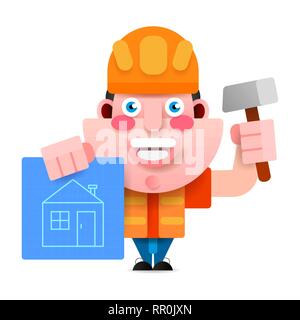 The Builder In A Helmet With A Hammer And A Drawing Scheme Of The House, Is Ready To Execute Your Project. Vector Illustration. Stock Vector