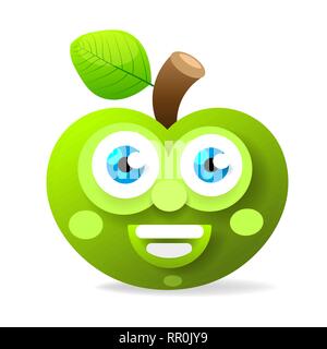 Green Apple With Big Eyes Smiling Vector Illustration On White Background Stock Vector